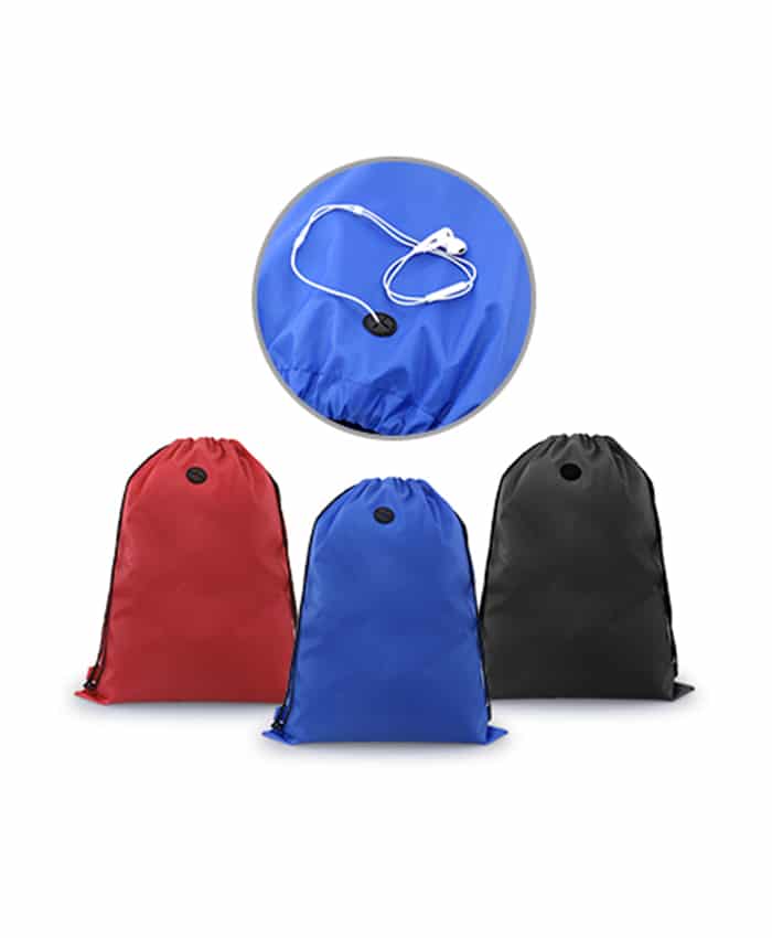 DRAWSTRING BAG WITH EAR PIECES EYELET