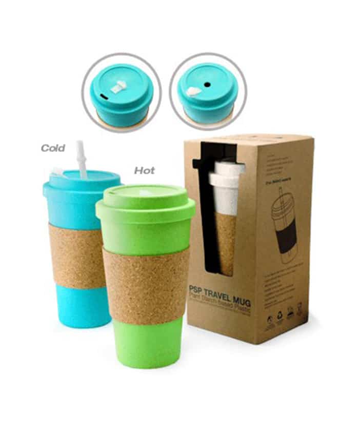 ICE BEVERAGE TRAVEL MUG WITH CORK SLEEVE AND STRAW