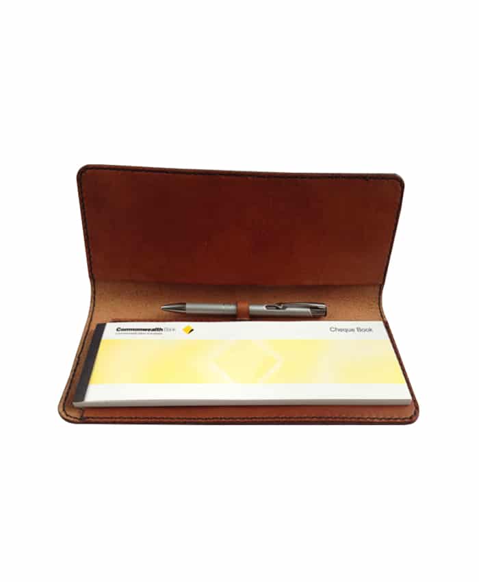LEATHER CHEQUE BOOK HOLDER WITH PEN SLOT