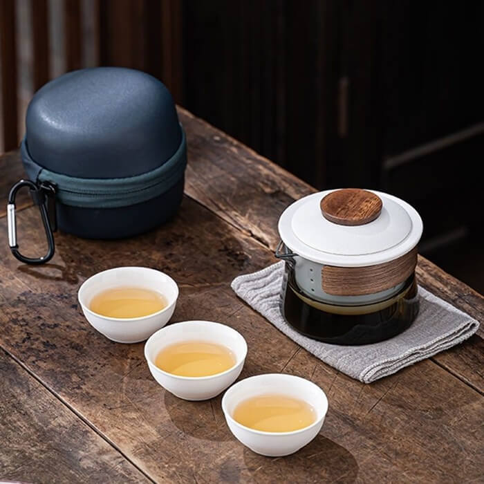 PORTABLE TRAVEL TEA SET WITH THREE CUPS