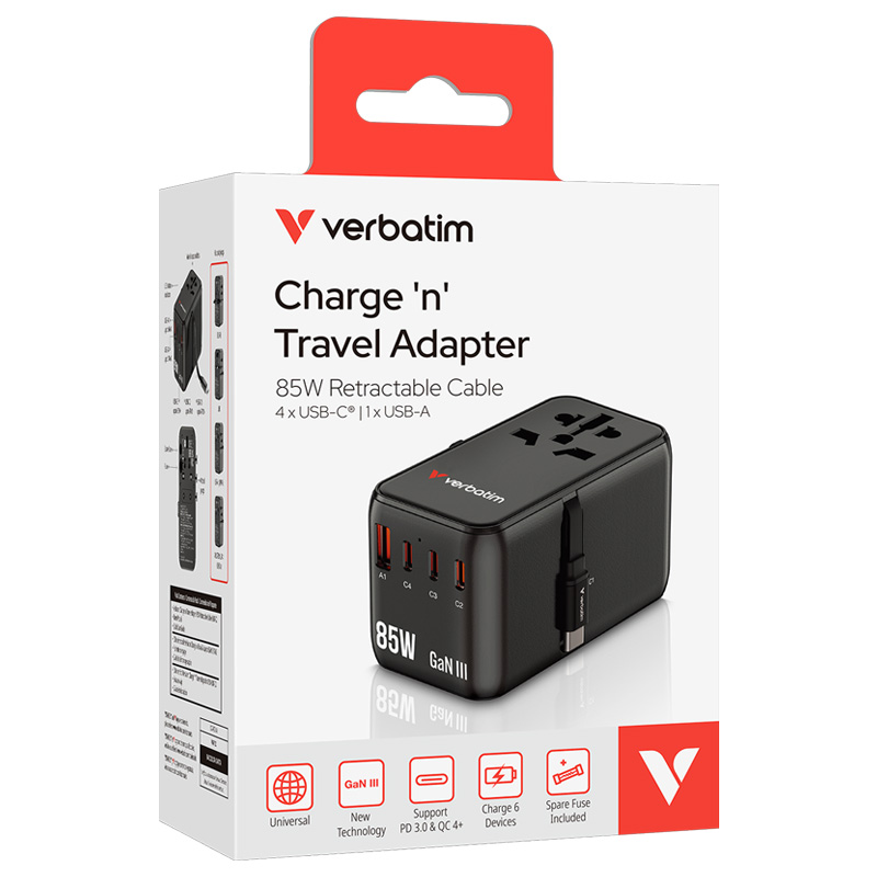 Verbatim Charge ‘n’ Travel Adapter 5 Port 85W Retractable Cable (CNT-02)