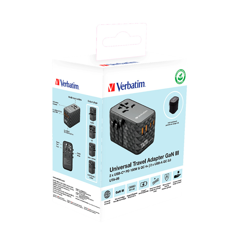 Verbatim GaN III 4 Port 100W Universal Travel Adapter (UTA-06)