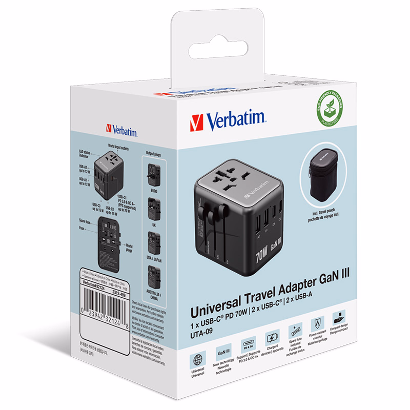 Verbatim GaN III 5 Port 70W Universal Travel Adapter (UTA-09)