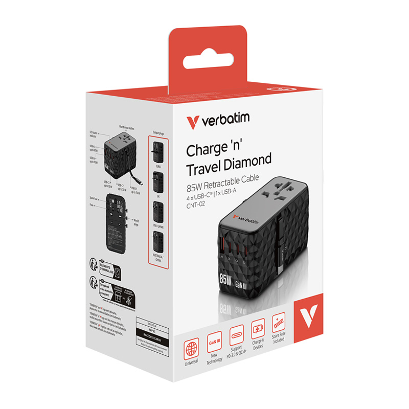 Verbatim Charge ‘n’ Travel Diamond 85W Universal Travel Adapter with Retractable Cable (CNT-02)