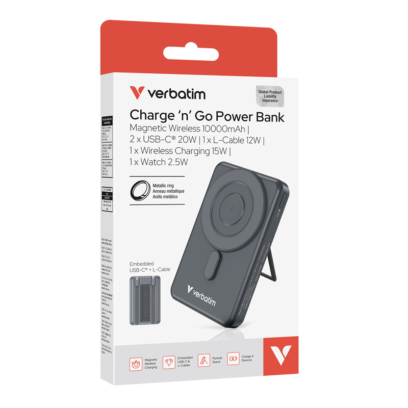 Verbatim 5-in-1 Charge ‘n’ Go 10000mAh Magnetic Wireless Power Bank (L Cable)