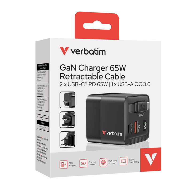 Verbatim 3-Port 65W GaN Charger with Retractable Cable & LED display