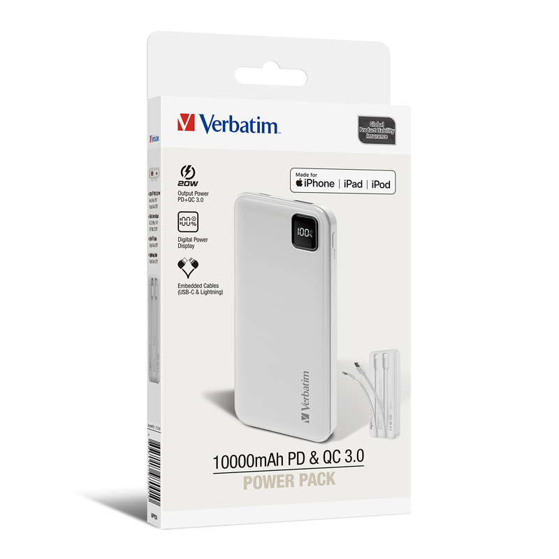 Verbatim 10000mAh PD 3.0 & QC 3.0 Power Pack with embedded cables