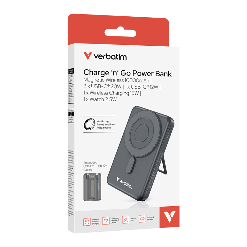 Verbatim 5-in-1 Charge ‘n’ Go 10000mAh Magnetic Wireless Power Bank (USB-C)